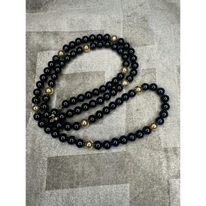 VTG Trifari Black Gold Tone Beaded Necklace Womens Long Strand Initial T